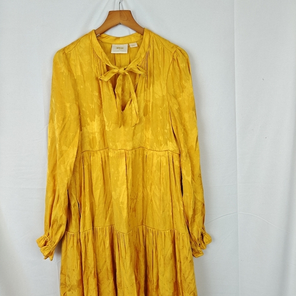 Maeve Anthropologie Maize Yellow Tie Neck Tiered Waist Midi Dress Satin Size XS - Picture 7 of 14